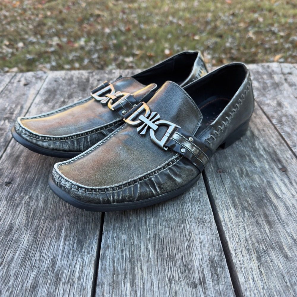 Robert Wayne Men's Black Silver Metallic Square Toe‎ Loafer Dress Shoes Size 7